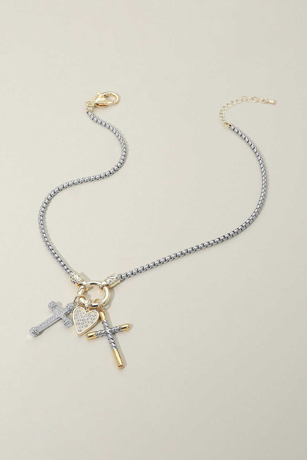 14K Two-Tone CZ Pavé Heart Double Cross Necklace