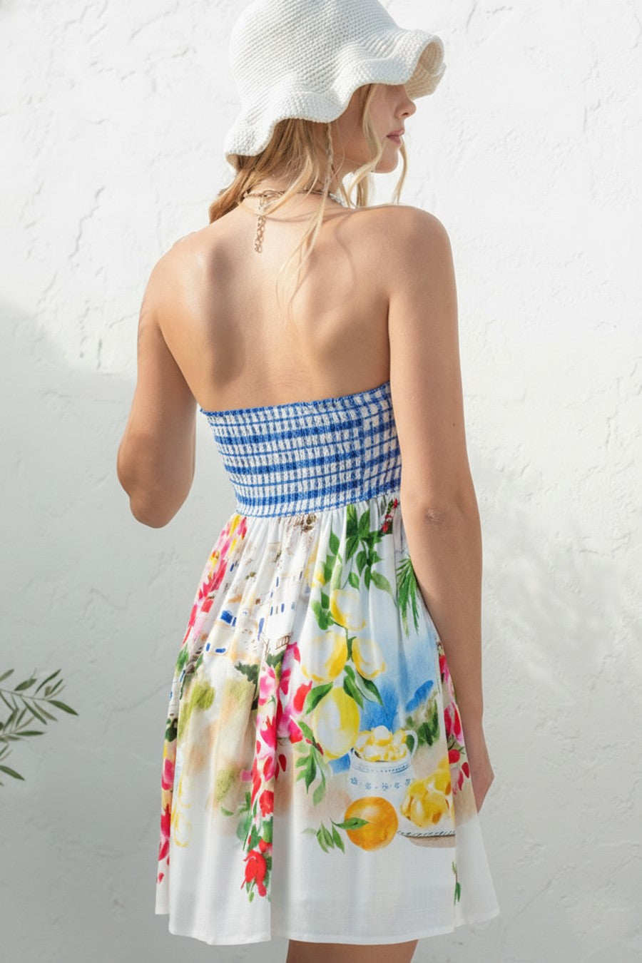 Gingham Smocked Floral Color Block Off Shoulder Mini Dress