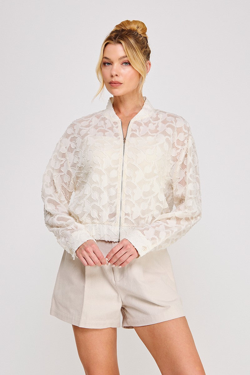 Jacquard Semi-Sheer Floral Bomber Blouse Jacket Ivory - Front View on Model
