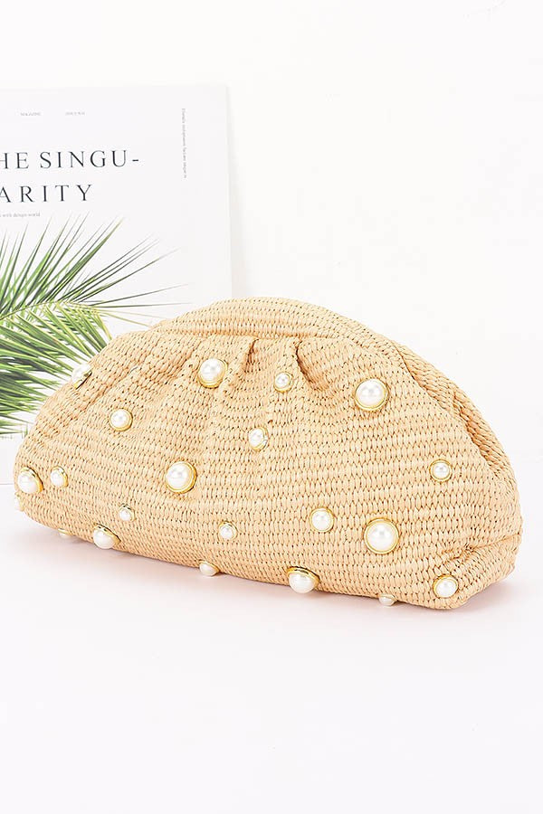 Faux Straw Pearl Embellished Pouch Clutch