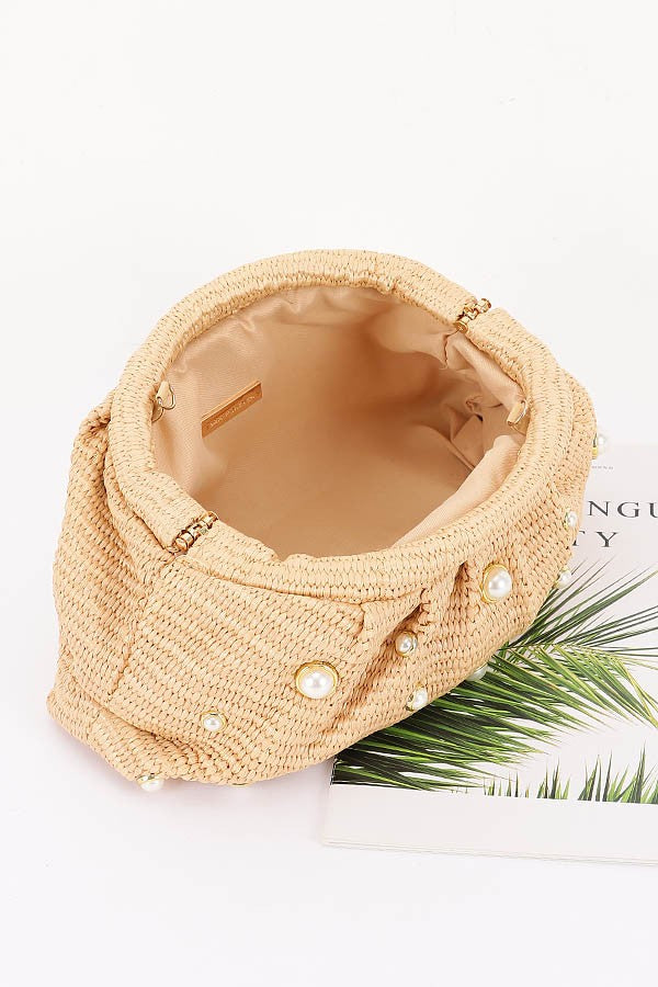 Faux Straw Pearl Embellished Pouch Clutch