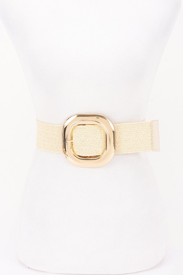 Wide Faux Straw Elastic Belt with Gold Rounded Square Buckle