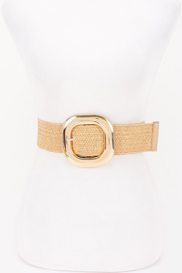 Wide Faux Straw Elastic Belt with Gold Rounded Square Buckle