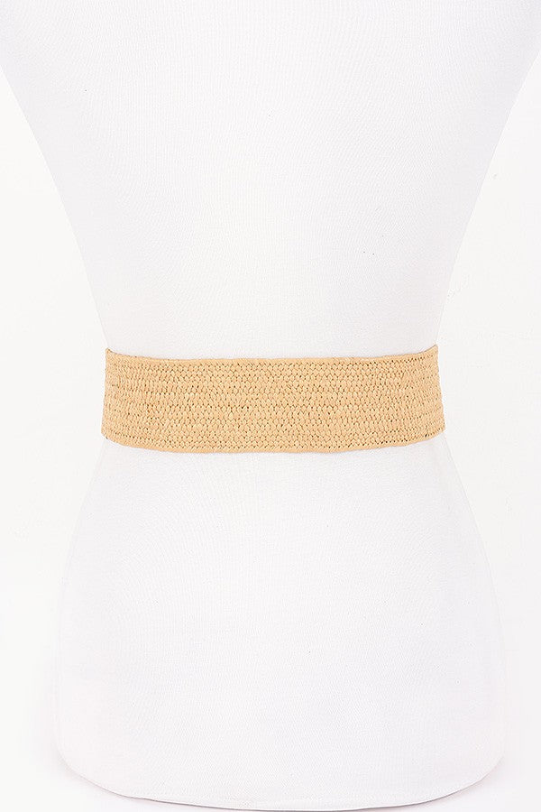 Wide Faux Straw Elastic Belt with Gold Rounded Square Buckle