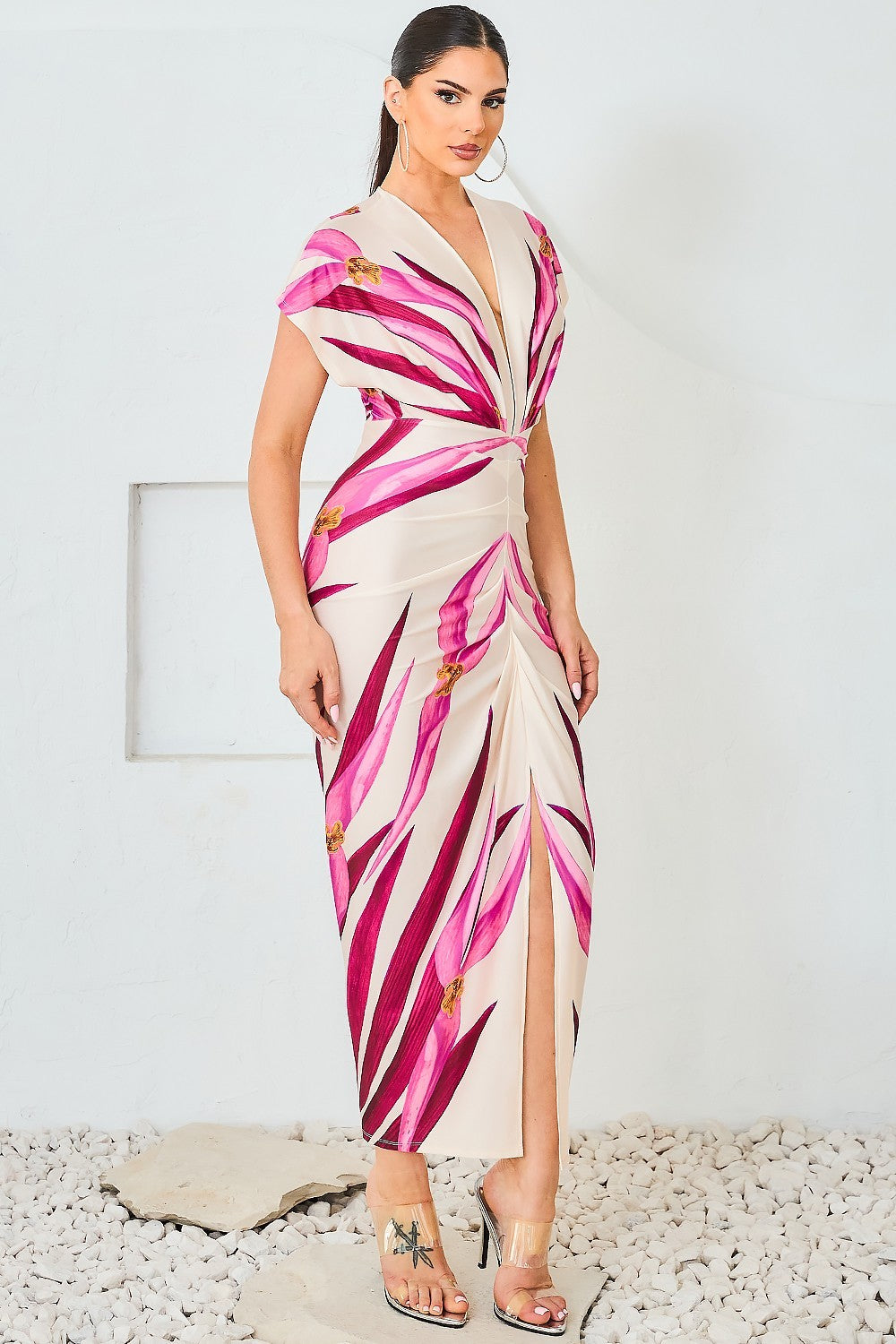 Printed V-Neck Midi Length Dress