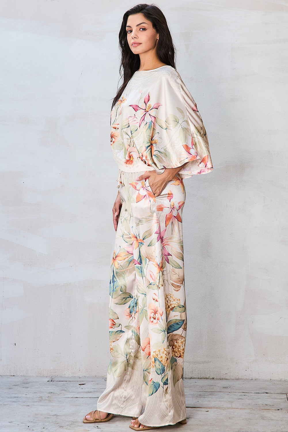 Floral Dolman Sleeve Top & Wide Leg Pants Set