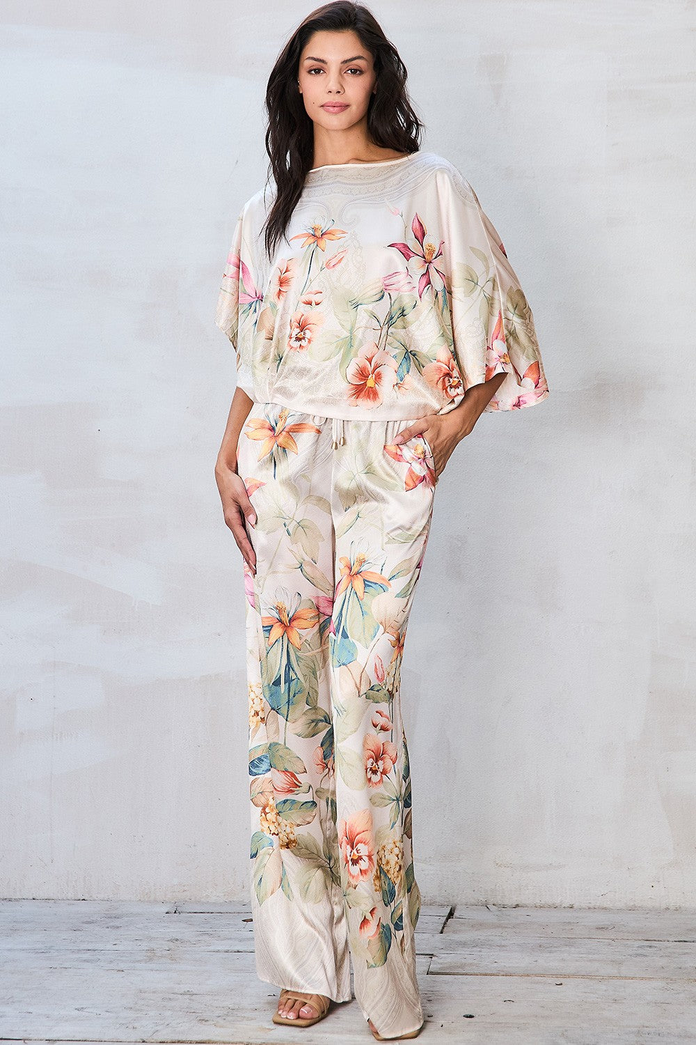 Floral Dolman Sleeve Top & Wide Leg Pants Set