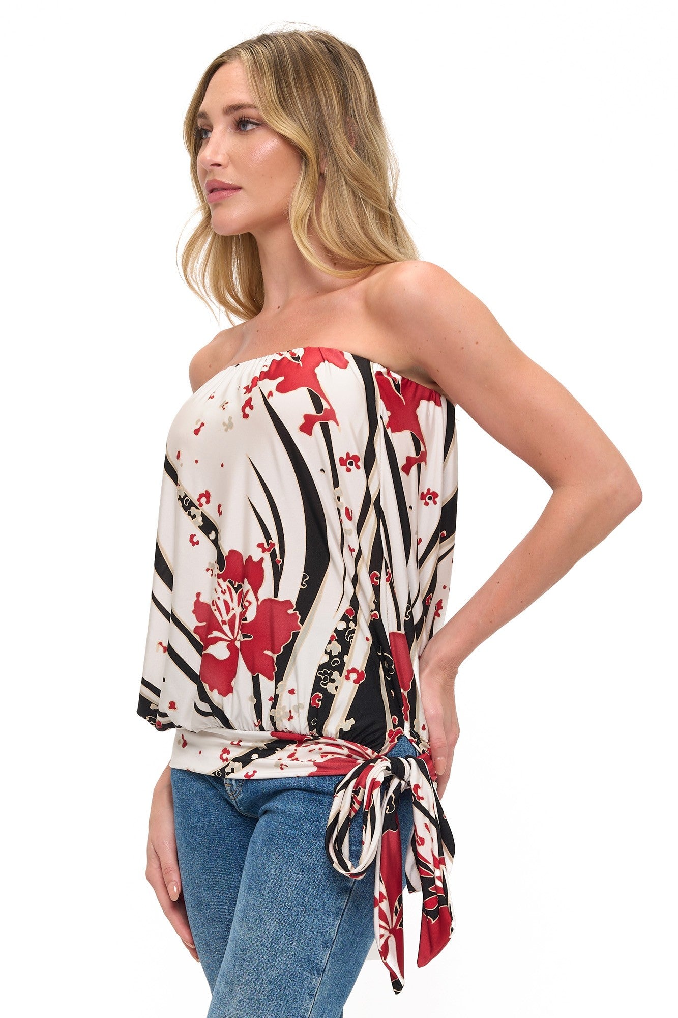 Floral Print Strapless Side Tie Top