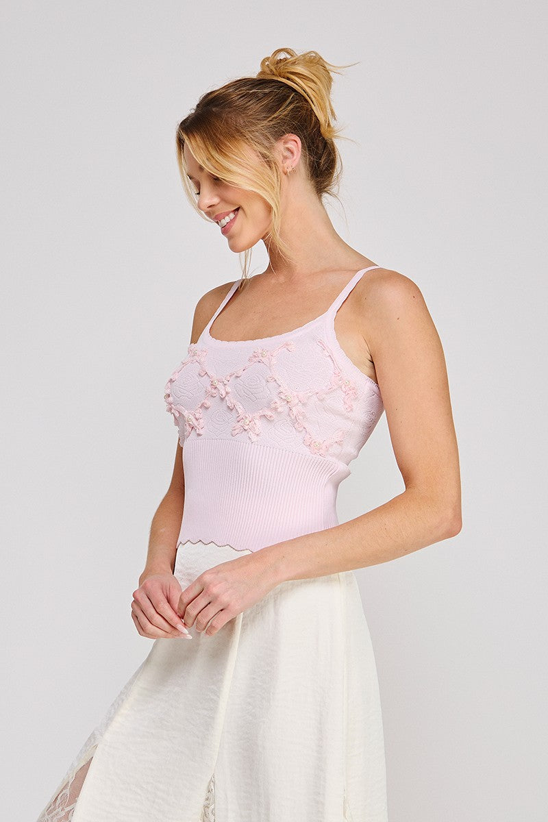 Floral Textured Ribbed Knit Tank Top