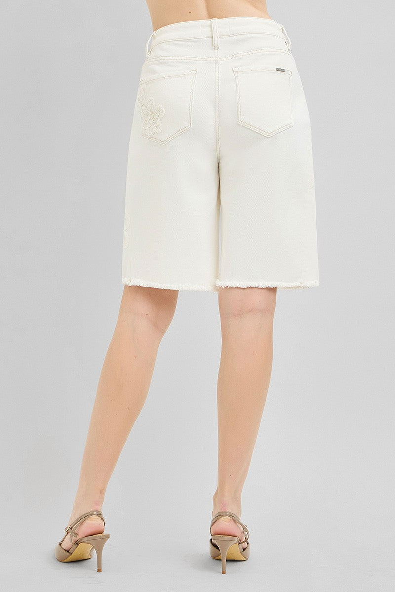 Slouchy Relaxed Floral Embroidered Bermuda Shorts by Risen