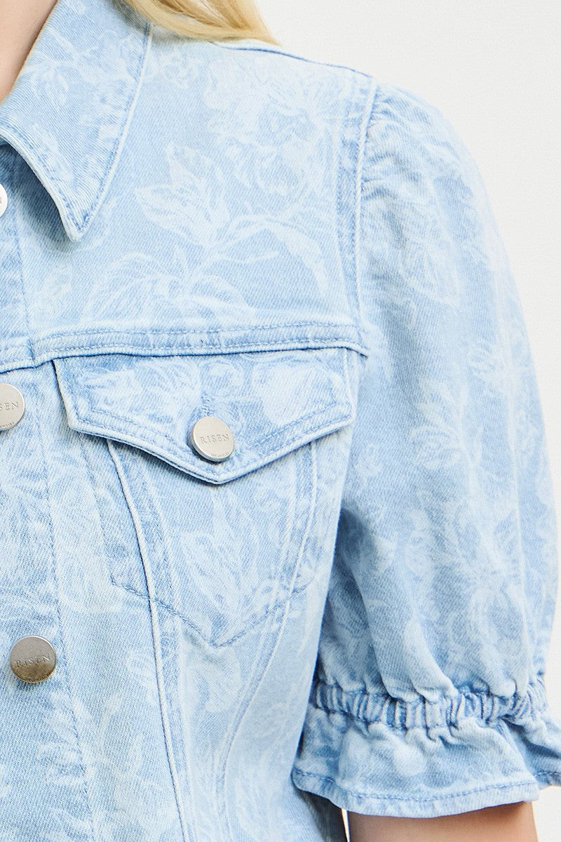 Floral Print Puff Sleeve Crop Denim Jacket