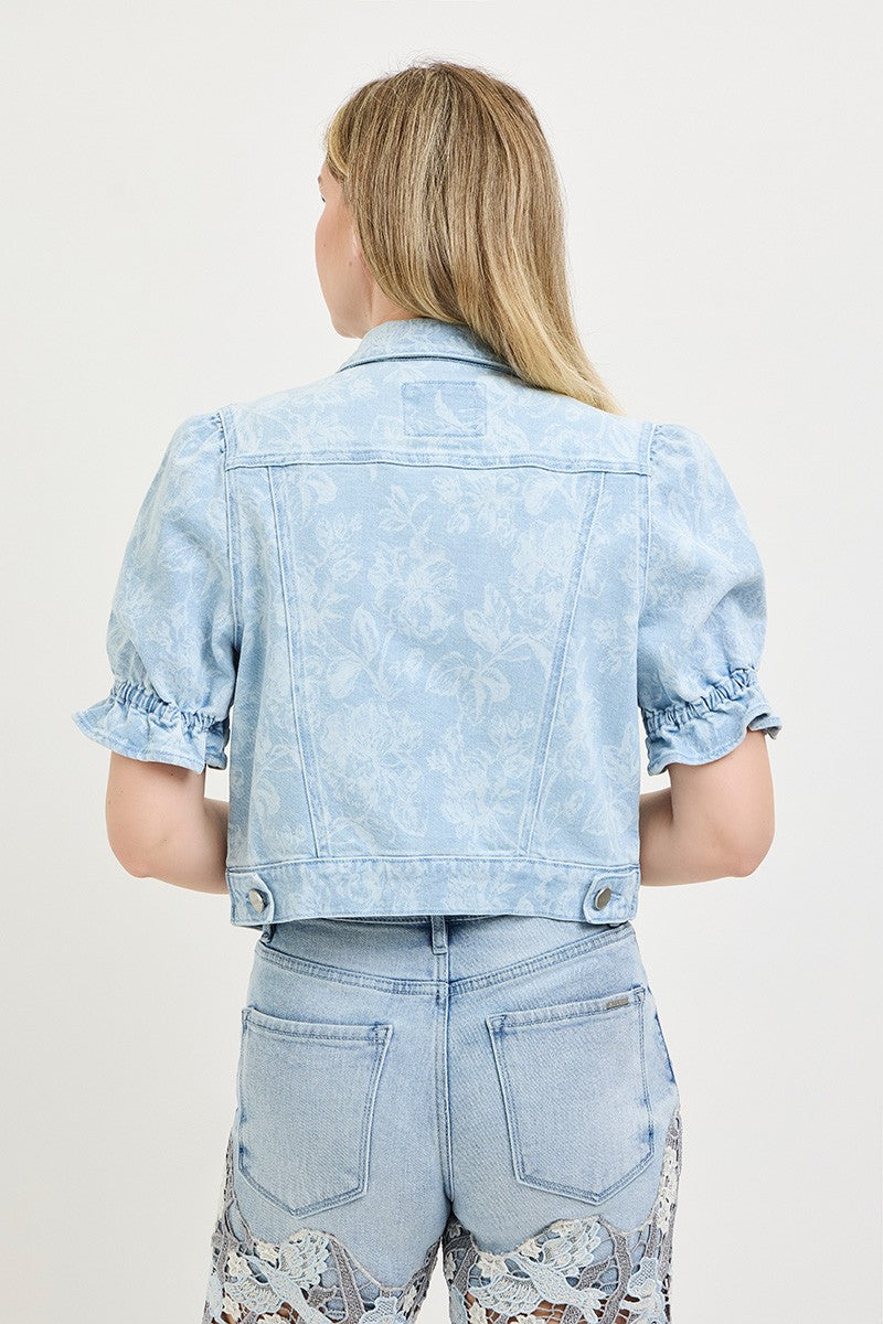 Floral Print Puff Sleeve Crop Denim Jacket