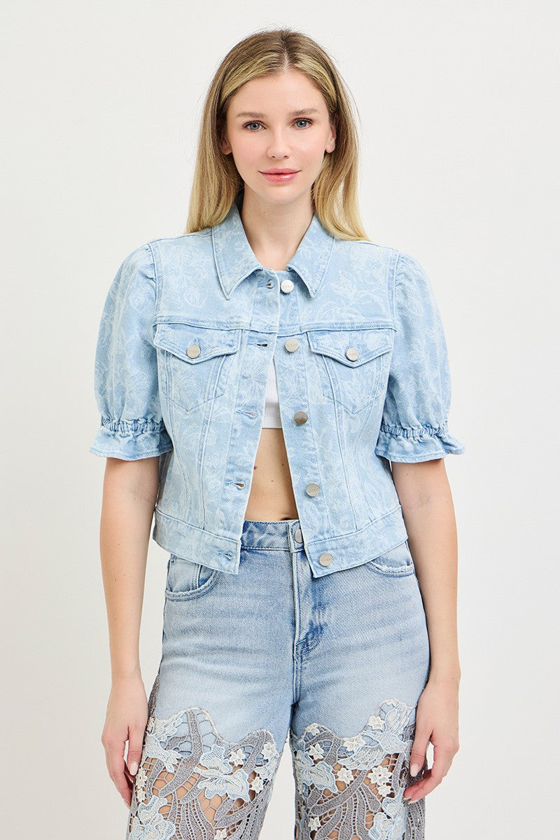 Floral Print Puff Sleeve Crop Denim Jacket