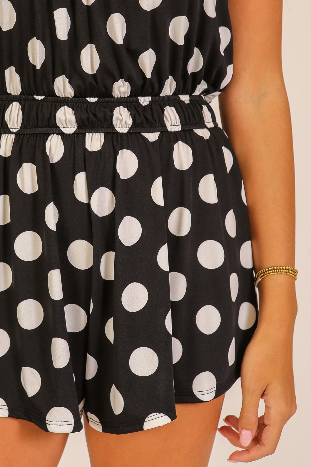 Polka Dot Strapless Smocked Waist Romper Black White - Waist & Shorts Detail Close-Up
