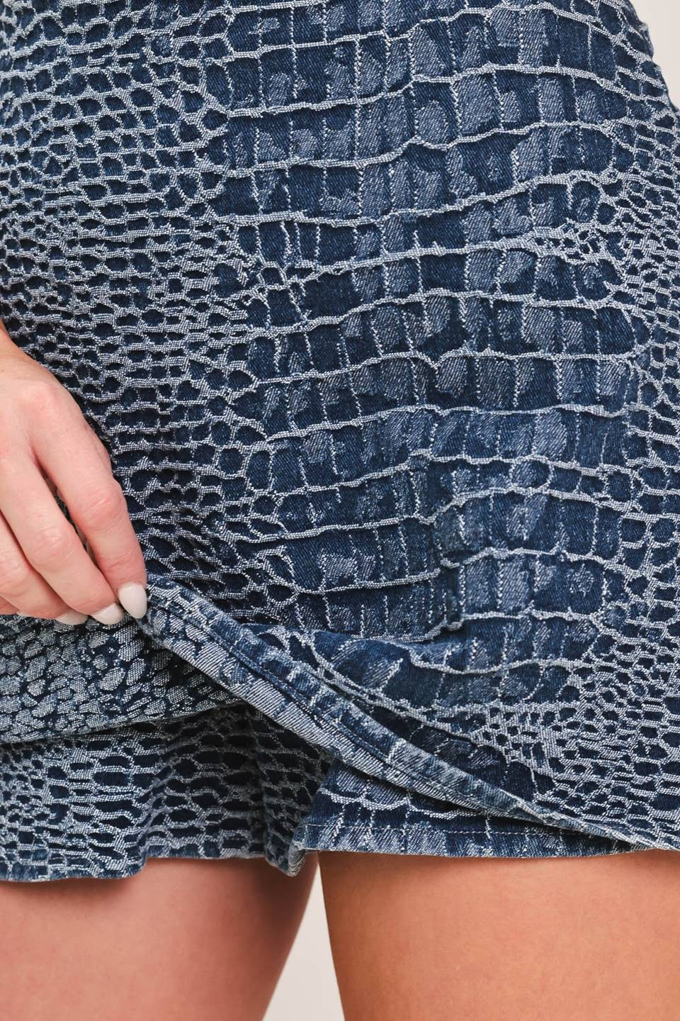 Croc Texture Denim Skort with Side Zipper - Texture Detail Close-Up