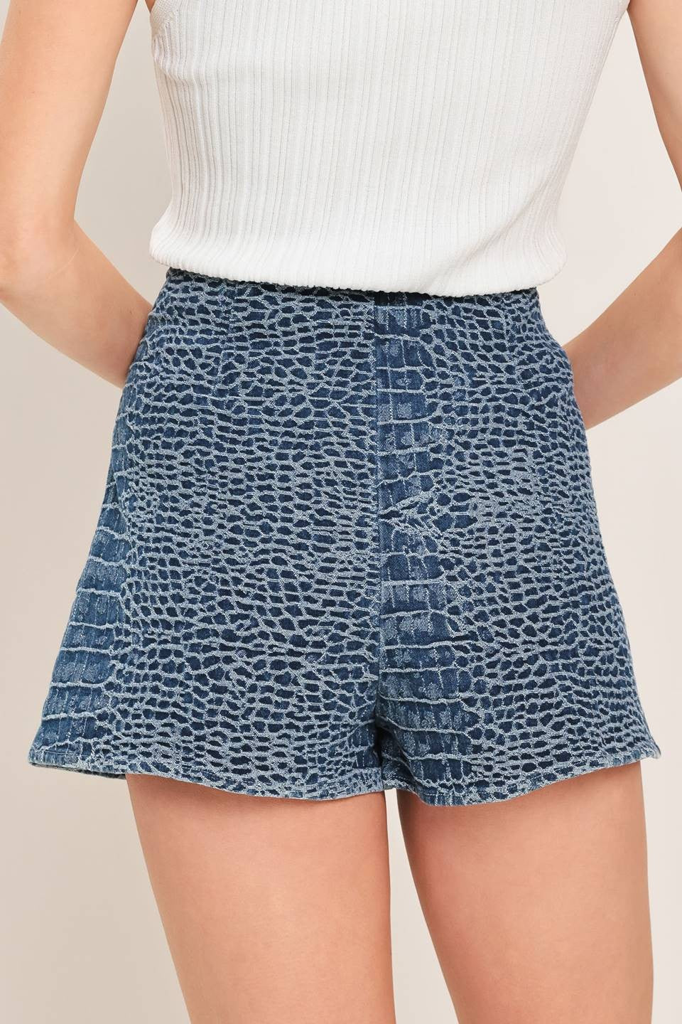 Croc Texture Denim Skort with Side Zipper - Front Close-Up