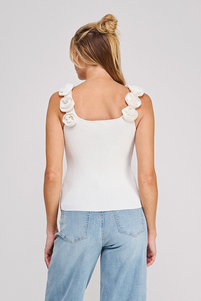 3D Rosette Floral Strap Ribbed Knit Tank Top Ivory - Front View on Model