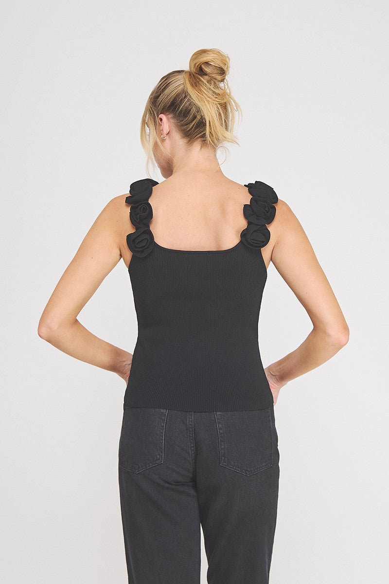 3D Rosette Floral Strap Ribbed Knit Tank Top