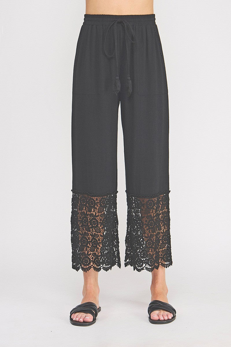 Lace Hem Linen Culotte Pants Black - Front View on Model