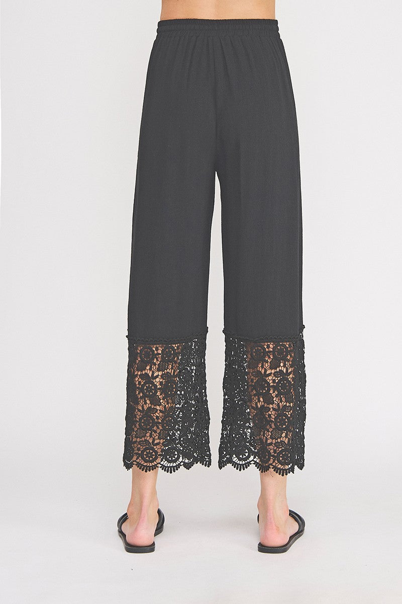 Lace Hem Linen Culotte Pants Black - Back View on Model
