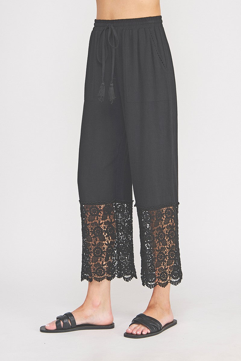 Lace Hem Linen Culotte Pants Black - Side View on Model