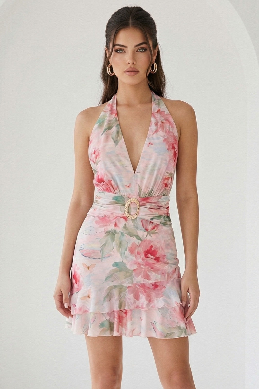 Floral Tiered Halter Mini Dress