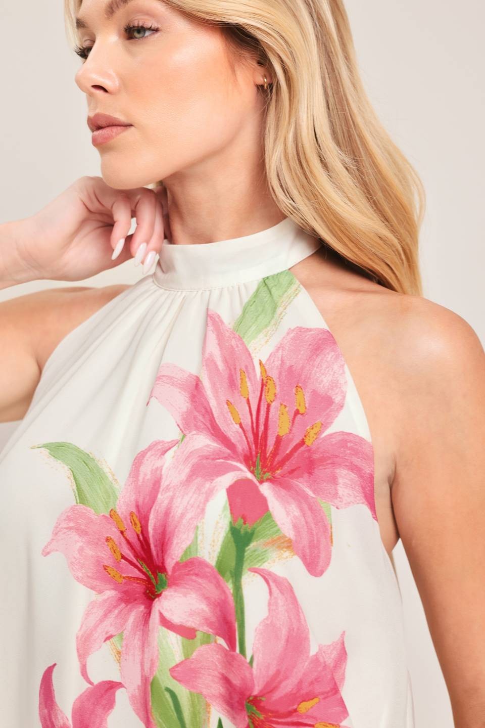 Floral Print Halter Neck Open Back Tie Top - Front View on Model