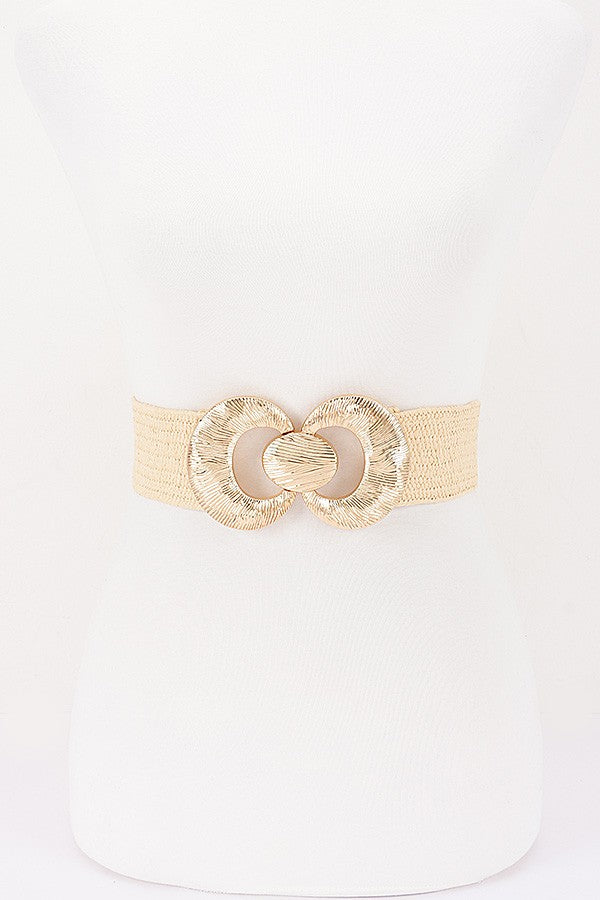 Faux Straw Wide Elastic Waist Belt with Oversized Gold Ring Buckle
