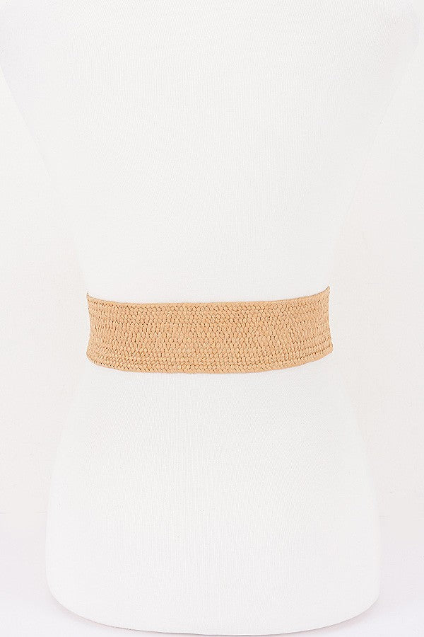 Faux Straw Wide Elastic Waist Belt with Oversized Gold Ring Buckle