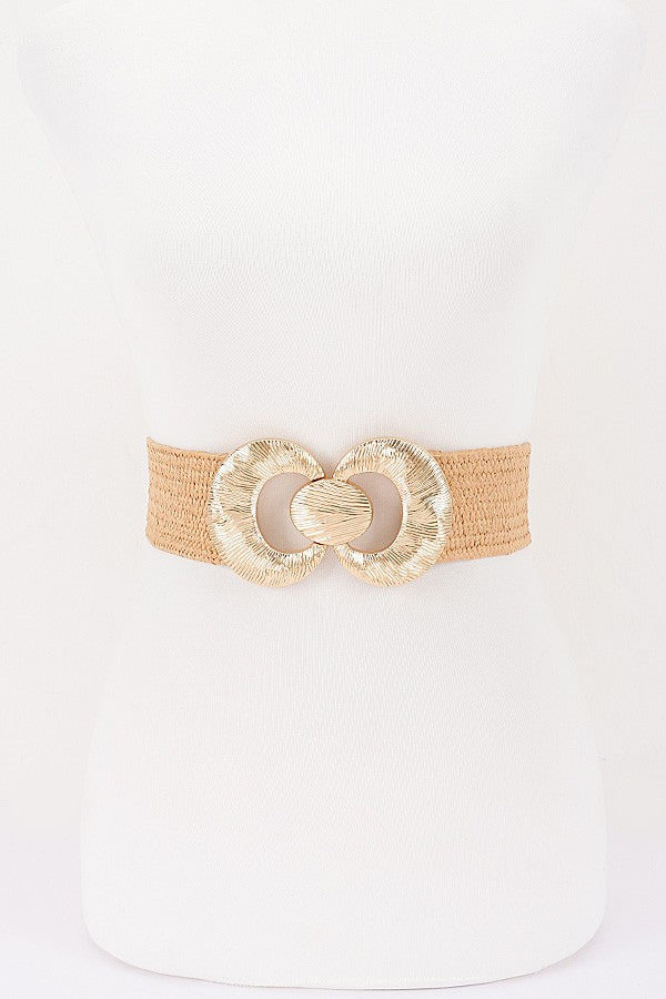 Faux Straw Wide Elastic Waist Belt with Oversized Gold Ring Buckle