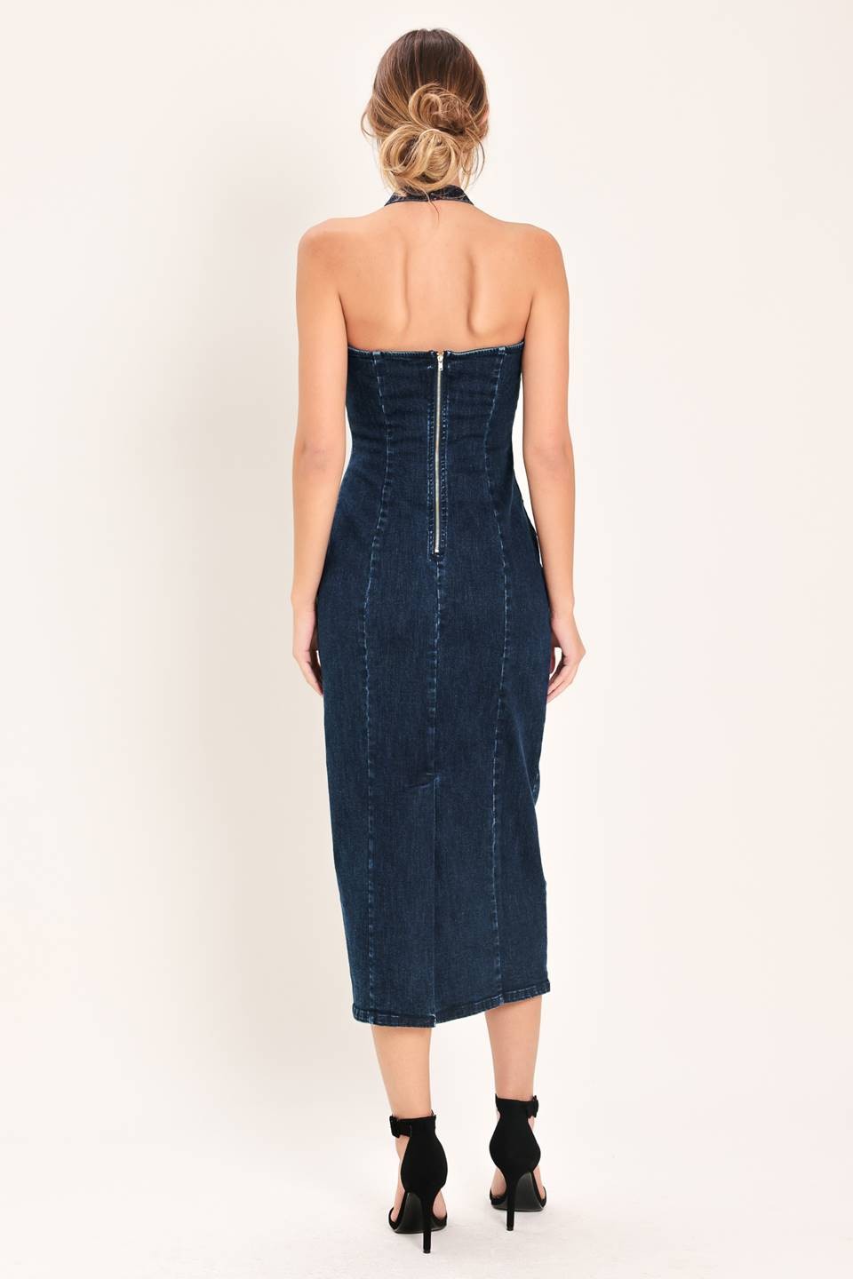 Dark Wash Denim Halter Midi Dress Gold Hardware - Back View on Model showing Open Back and Zip Closure