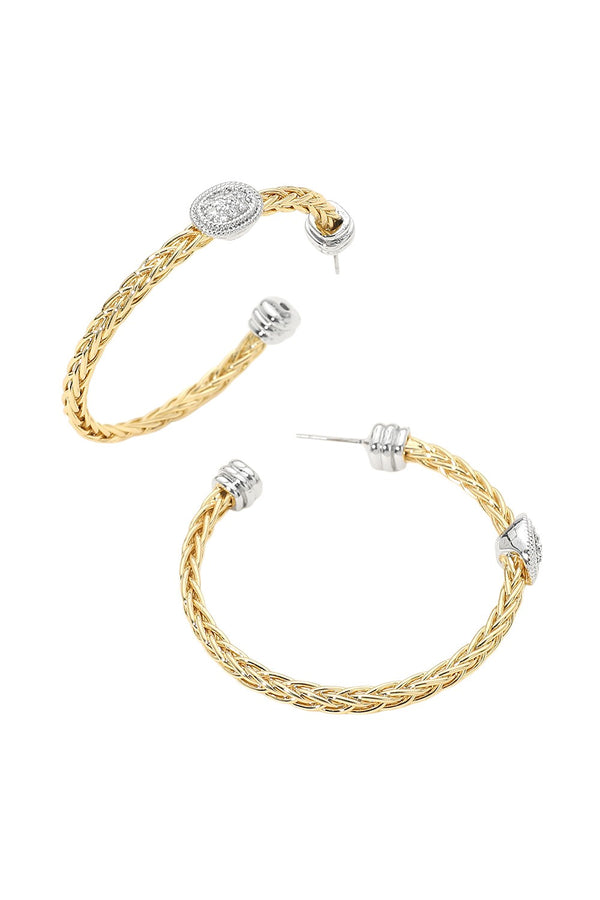 14K Gold Plated Two-Tone Oval CZ Pavé Braided Hoop Earrings
