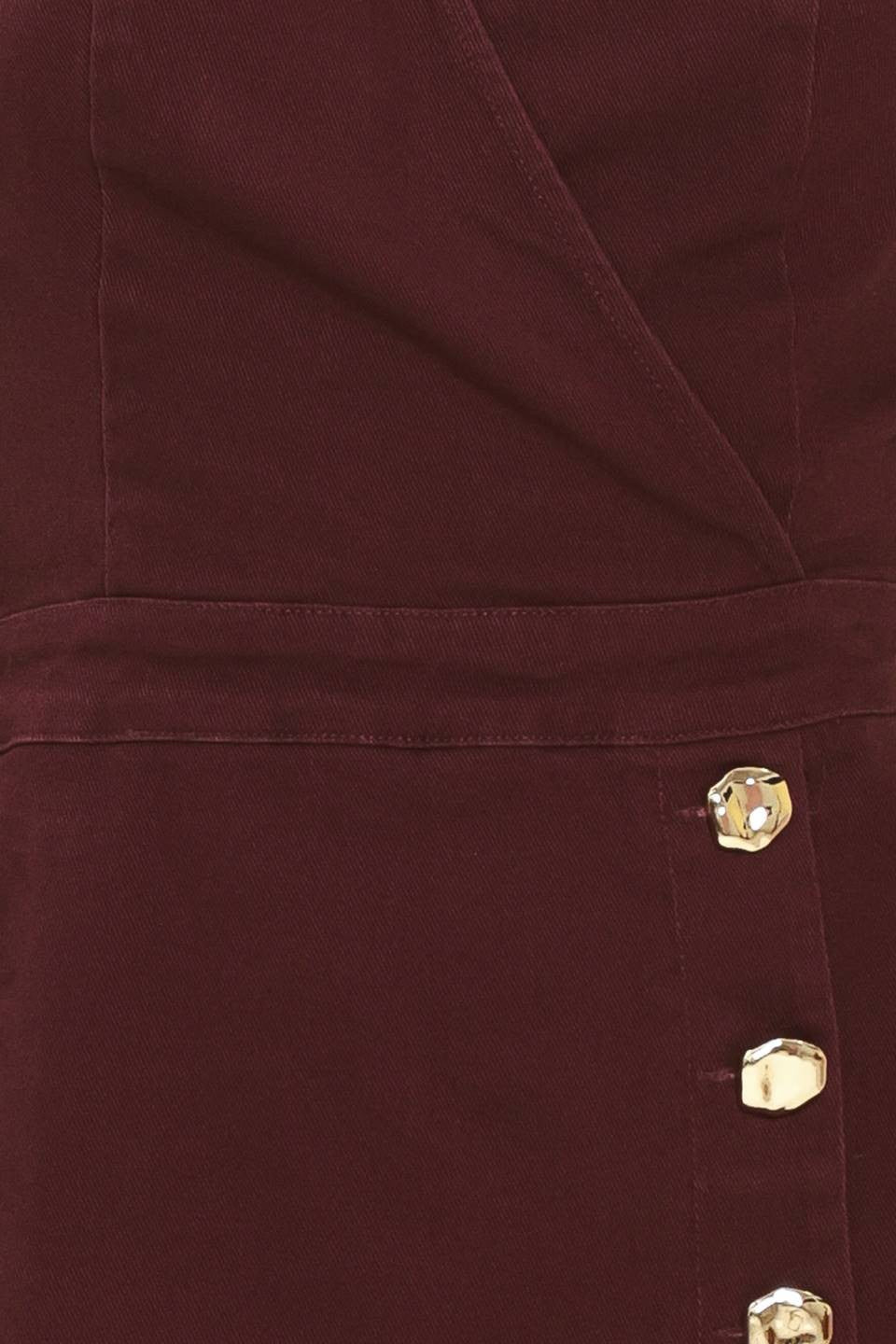 Burgundy Collared Halter Wrap Romper Gold Button Detail - Close-Up of Collar and V-Neckline Detail