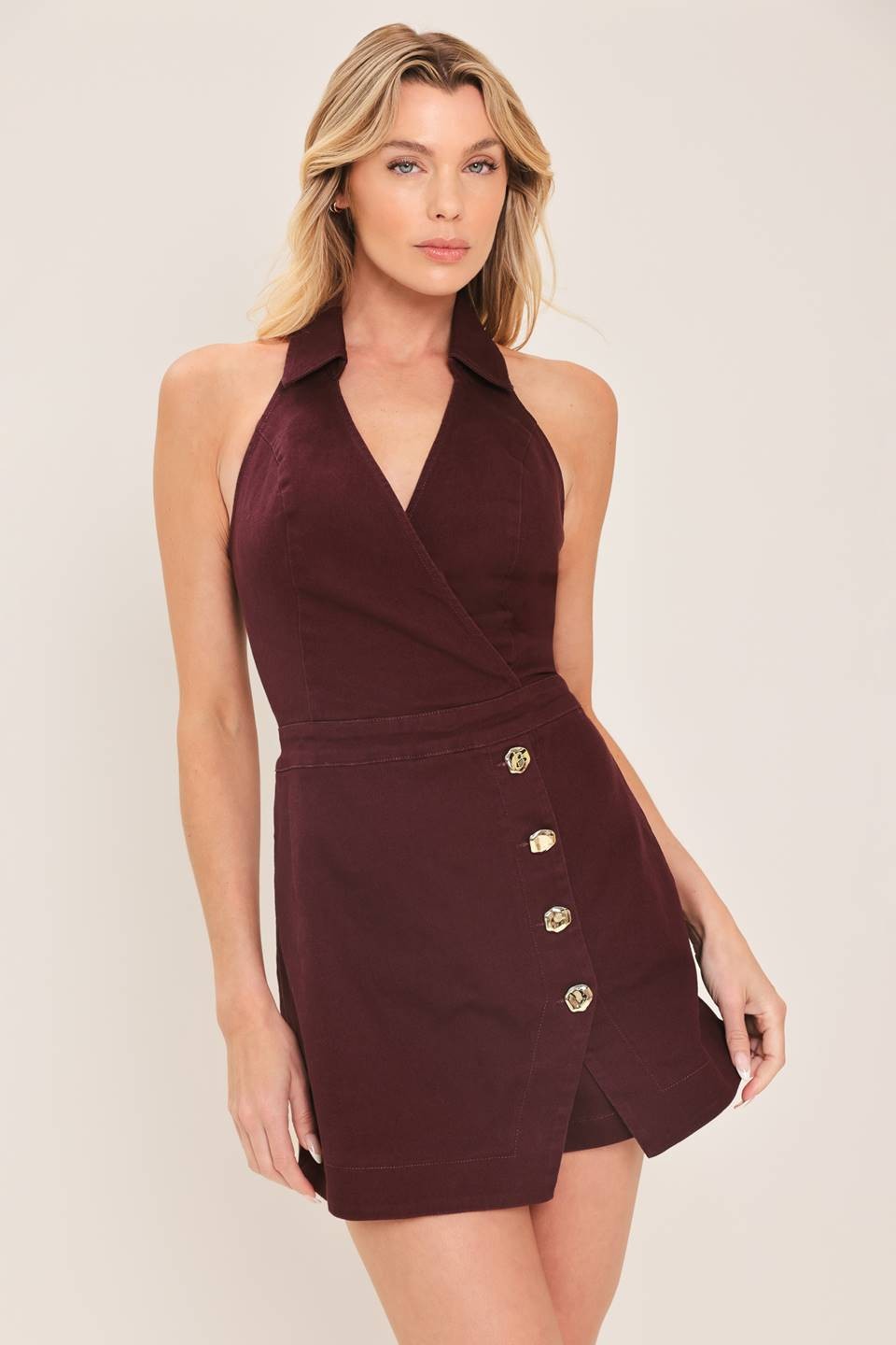 Burgundy Collared Halter Wrap Romper Gold Button Detail - Front Three-Quarter View on Model