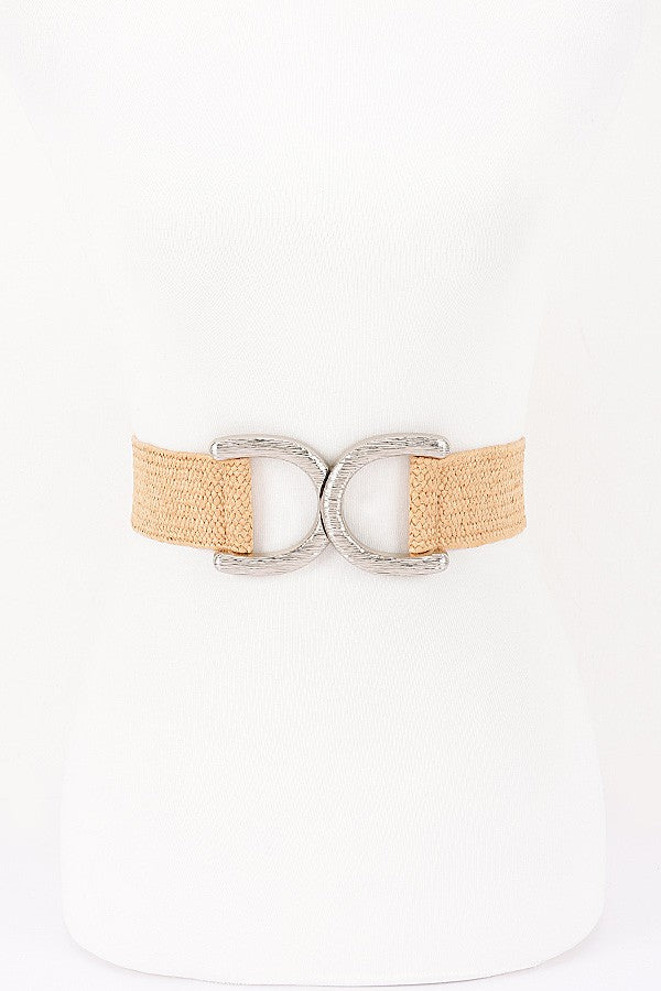 Faux Straw Wide Elastic Belt with Double U-Buckle