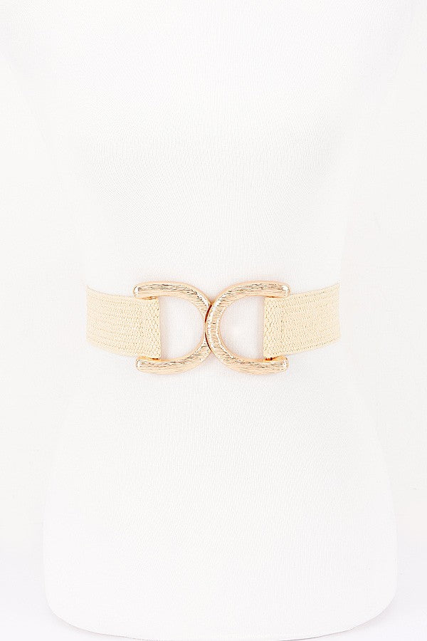 Faux Straw Wide Elastic Belt with Double U-Buckle