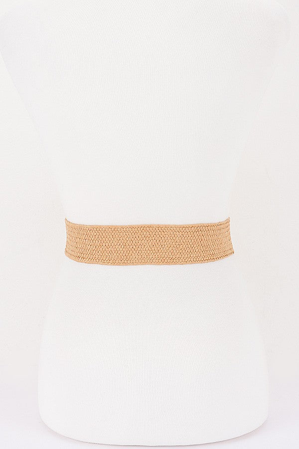 Faux Straw Wide Elastic Belt with Double U-Buckle