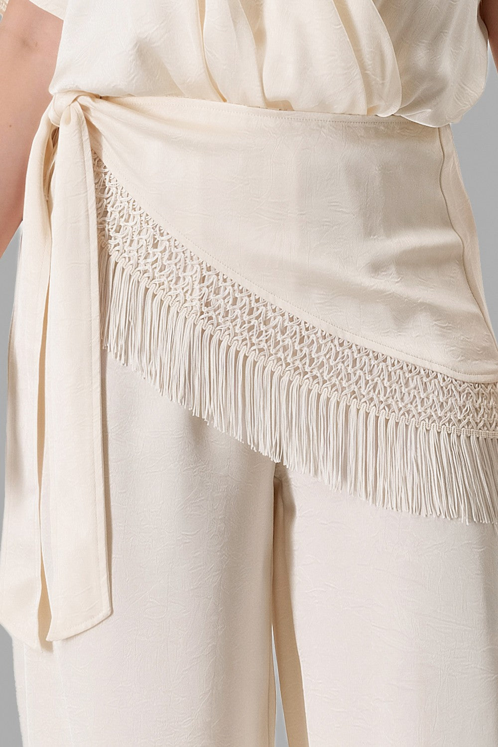 Surplice V-Neck Fringe Trim Wide-Leg Jumpsuit