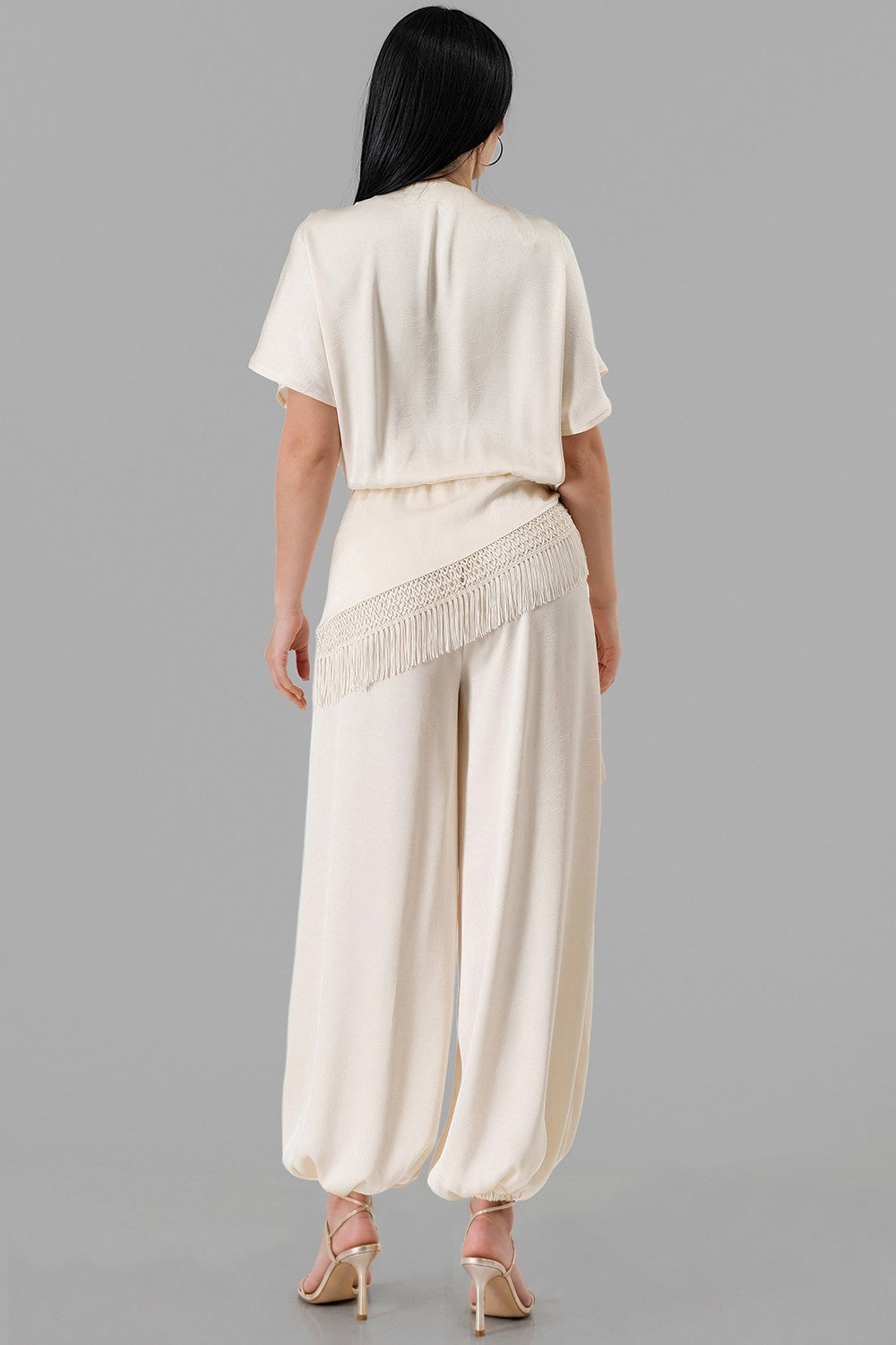 Surplice V-Neck Fringe Trim Wide-Leg Jumpsuit
