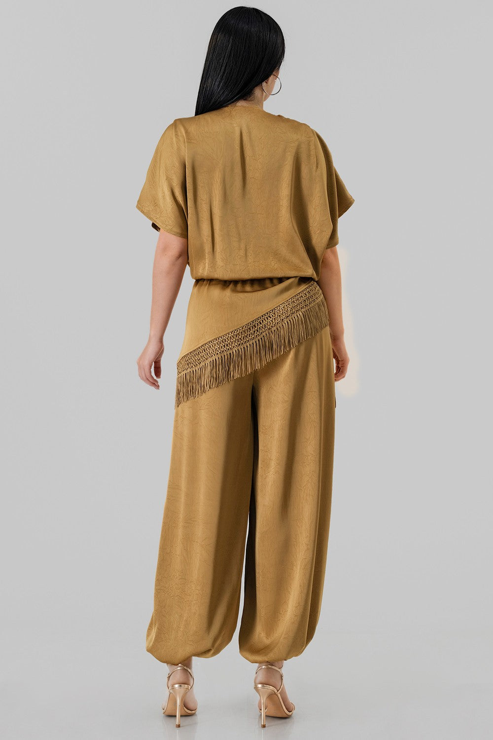 Draped V-neck Satin Jumpsuit With Fringe Trim