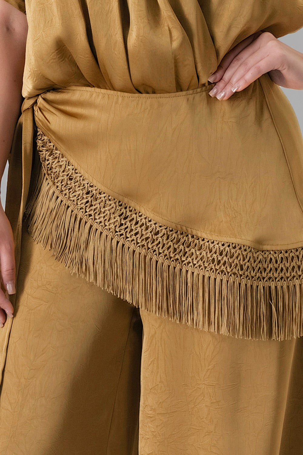 Draped V-neck Satin Jumpsuit With Fringe Trim