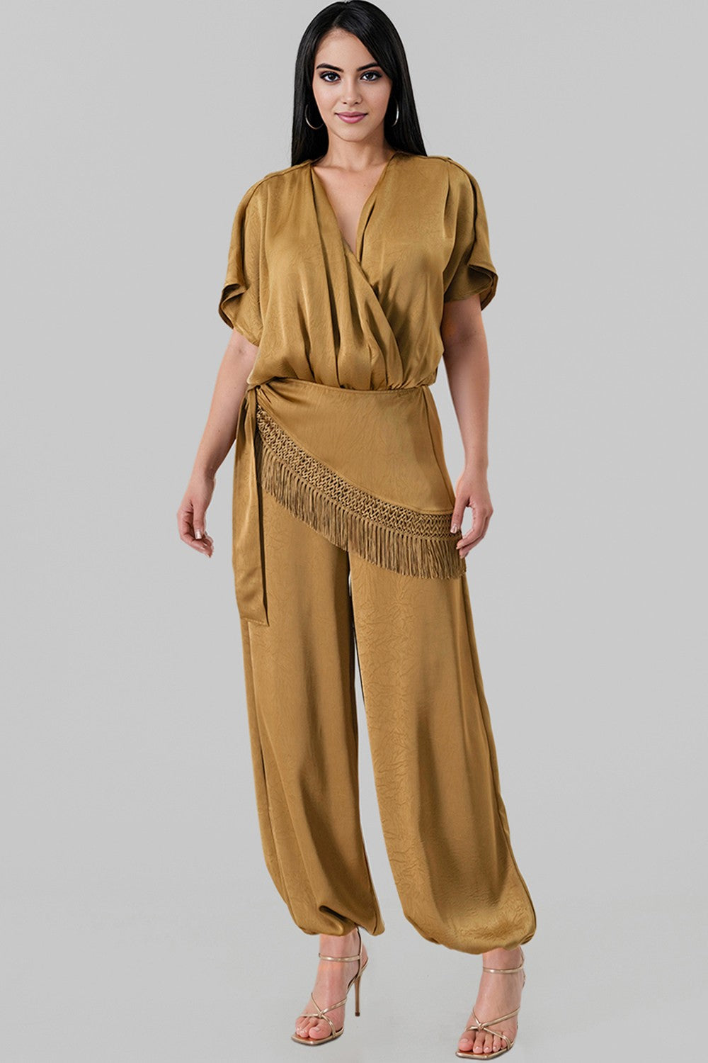 Draped V-neck Satin Jumpsuit With Fringe Trim