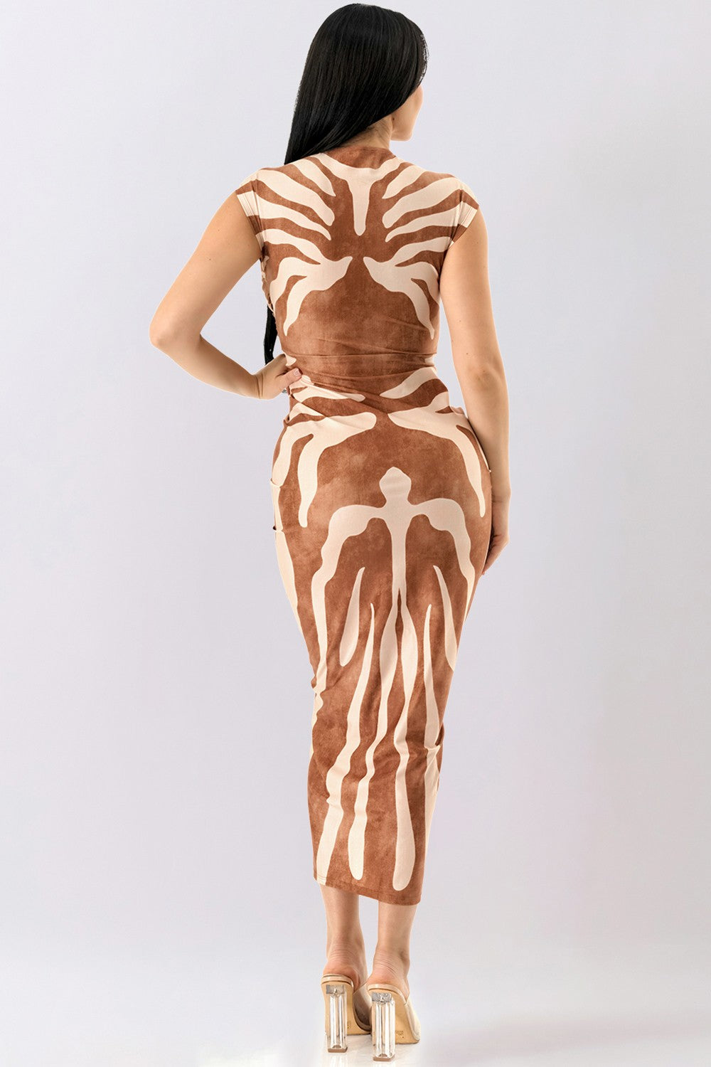 Deep V-Neck Abstract Print Bodycon Midi Dress - Back View