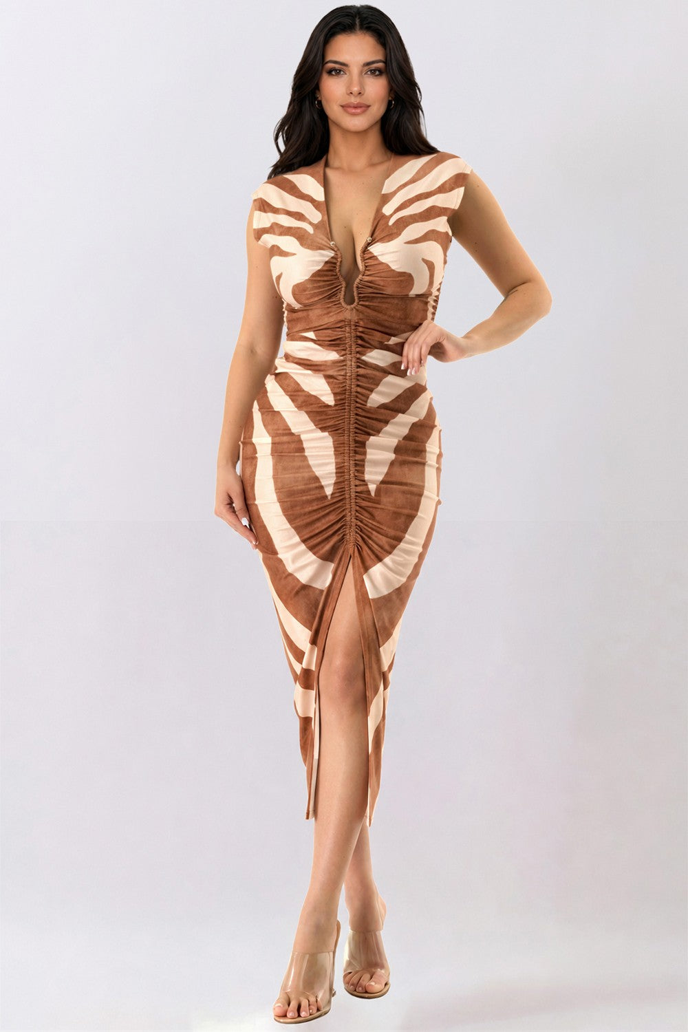 Deep V-Neck Abstract Print Bodycon Midi Dress - Side View