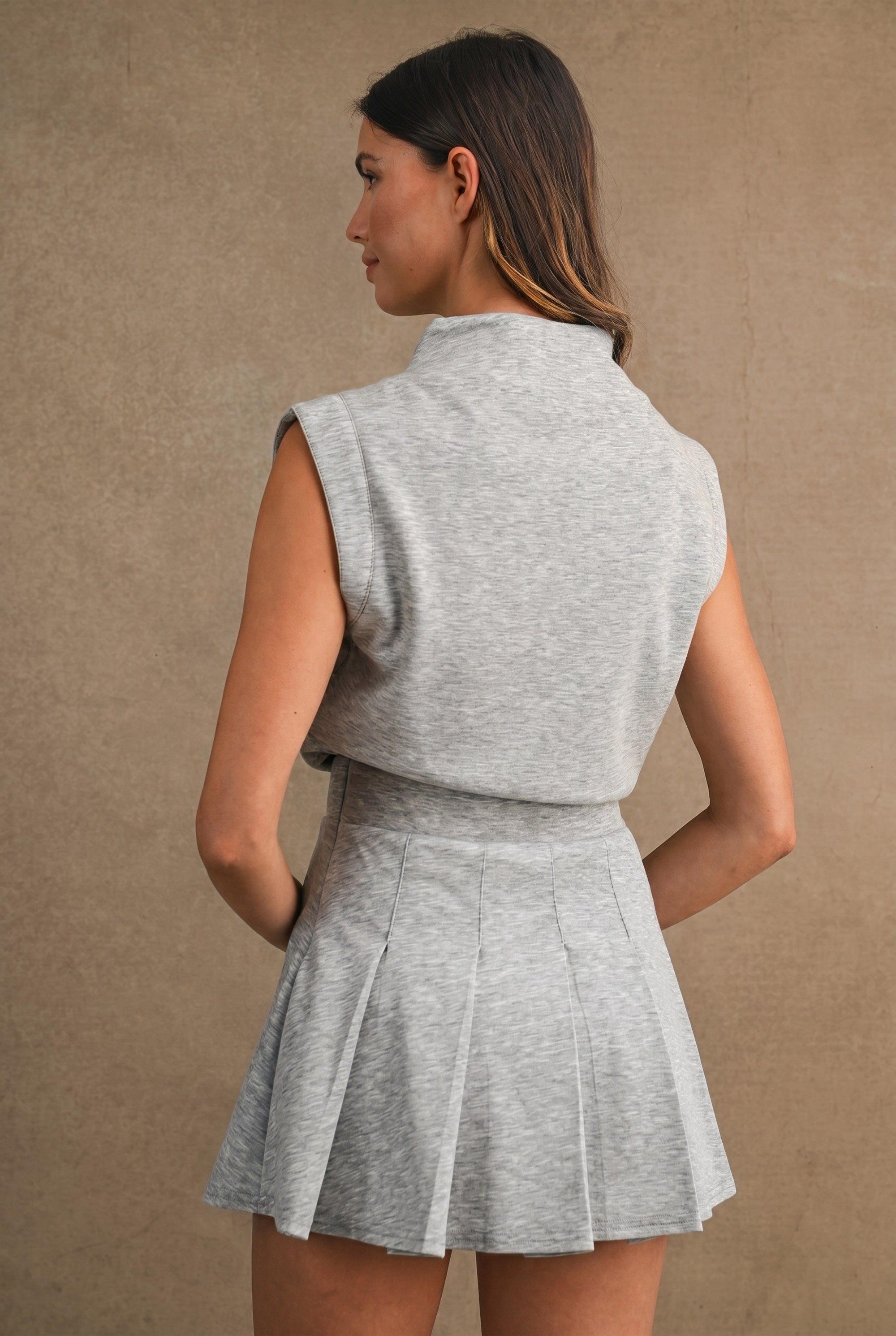 Scuba Half-Zip Mock Neck Pleated Skort Romper Heather Grey - Half-Zip Mock Neck Detail Close-Up