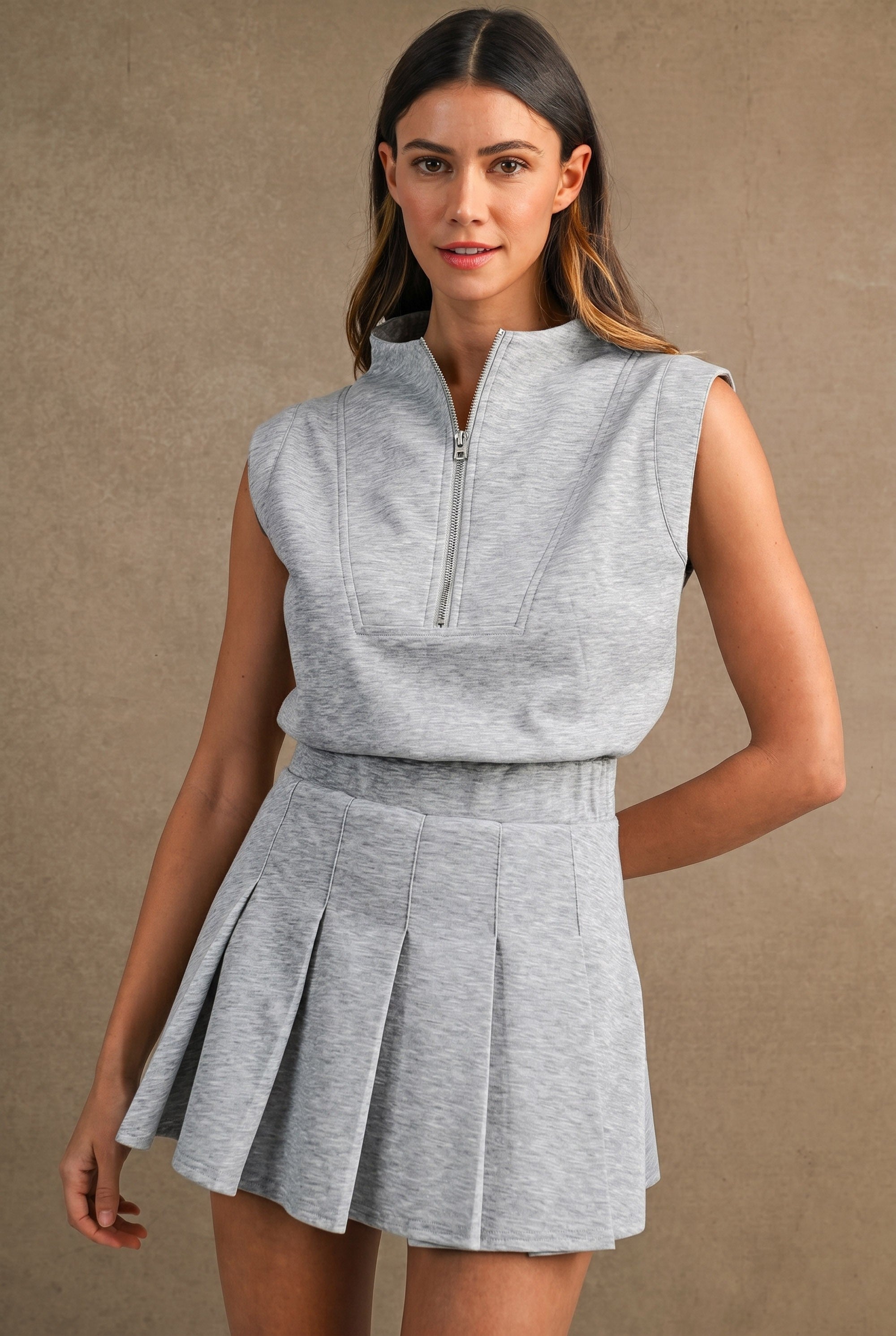 Scuba Half-Zip Mock Neck Pleated Skort Romper Heather Grey - Built-In Shorts Detail Close-Up
