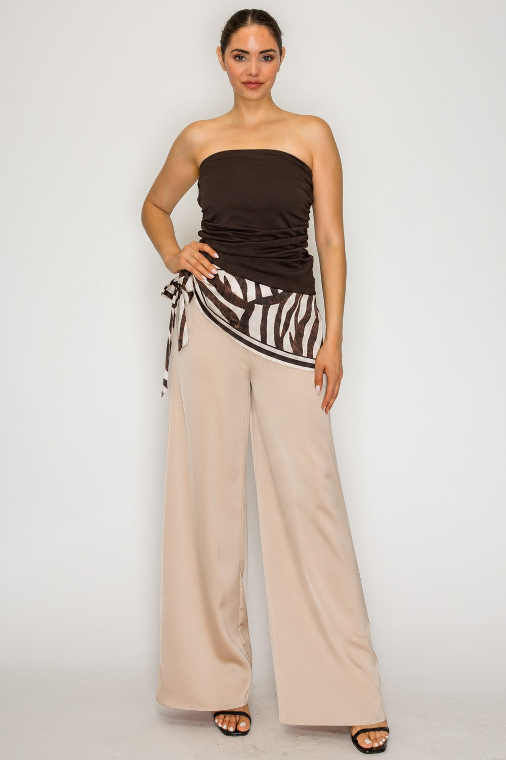 Zebra Print Scarf Overlay Wide-Leg Pants