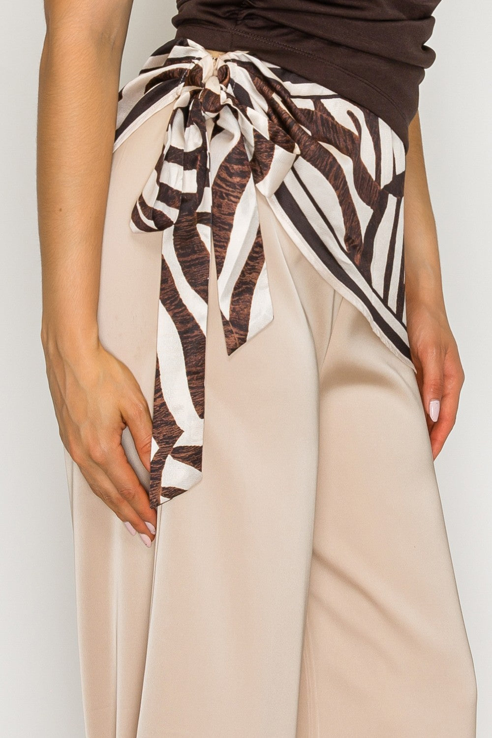 Zebra Print Scarf Overlay Wide-Leg Pants