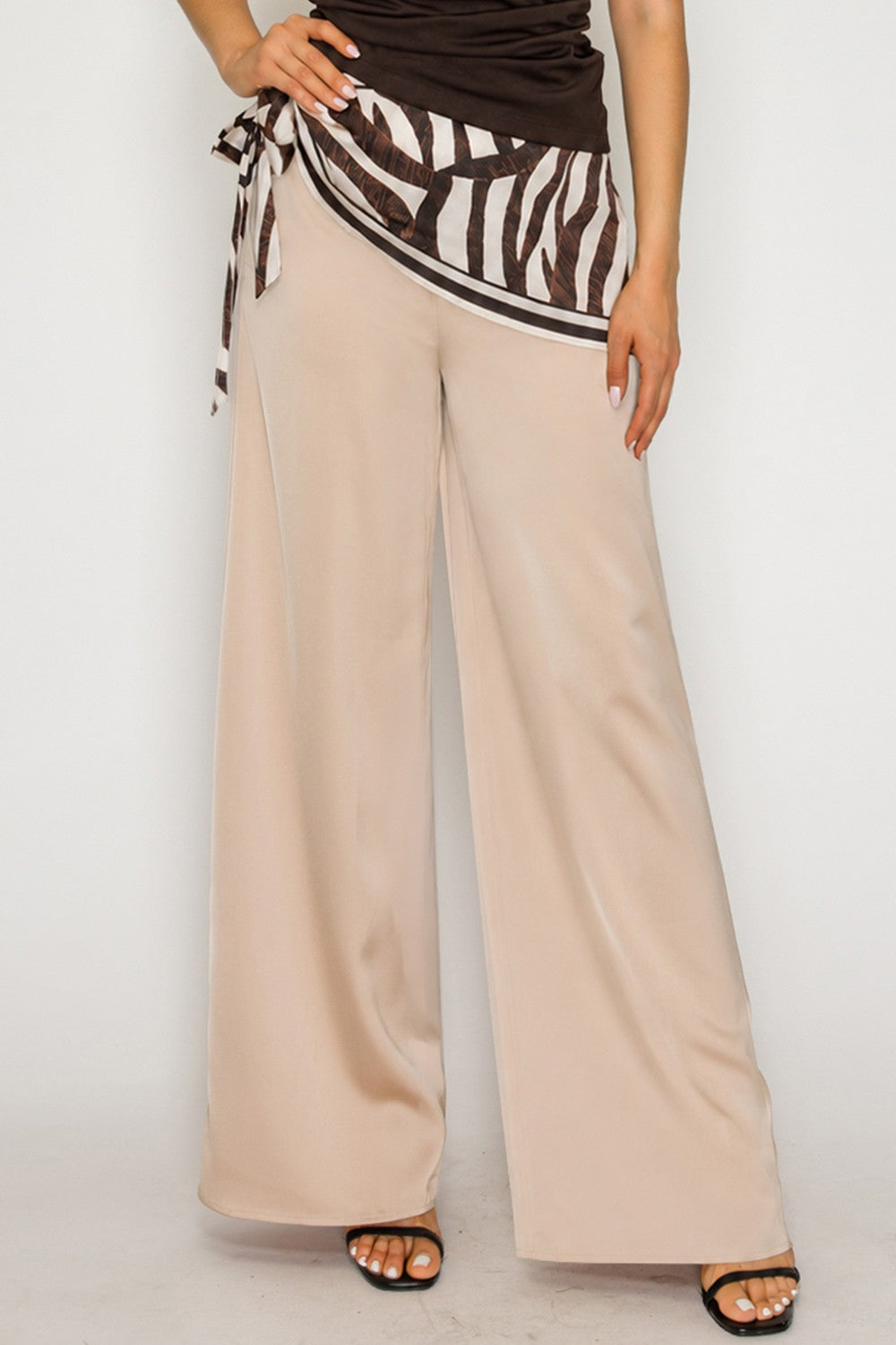 Zebra Print Scarf Overlay Wide-Leg Pants