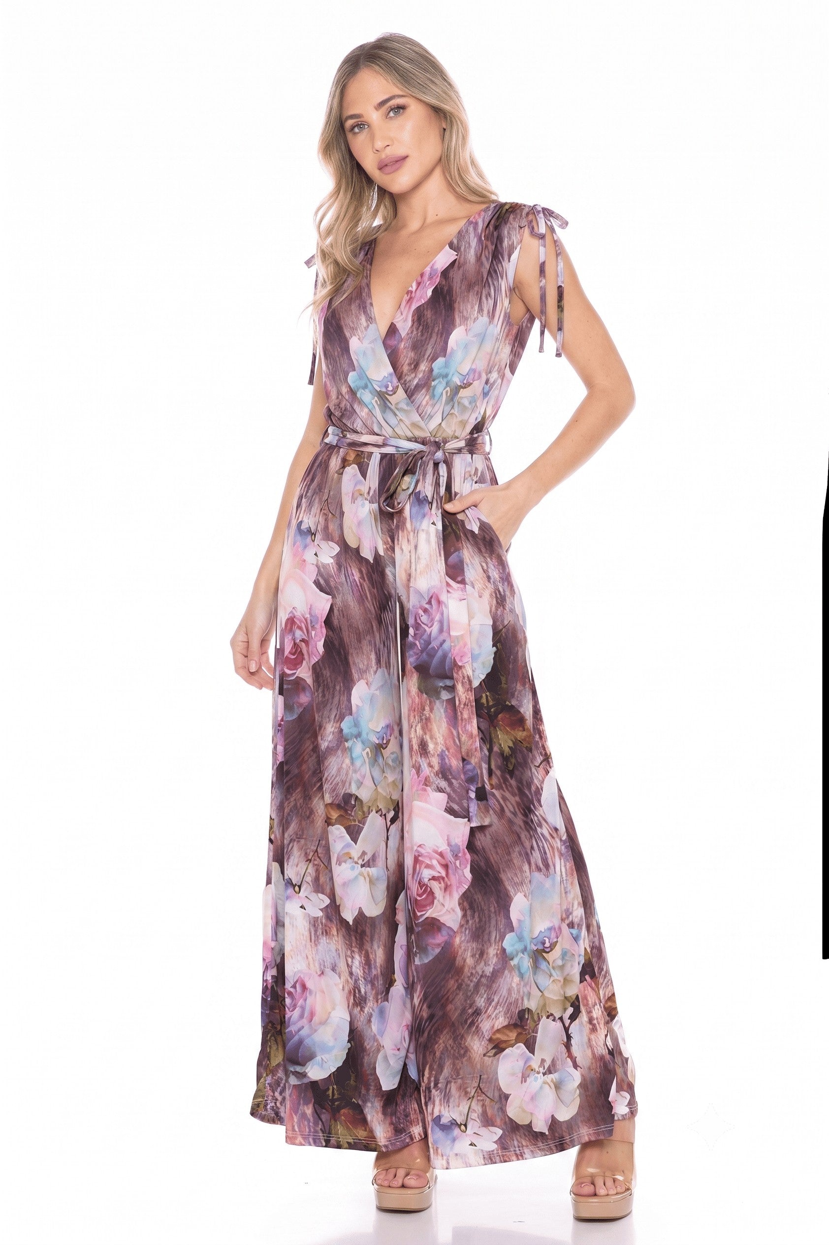 Floral Print Wrap V-Neck Maxi Jumpsuit